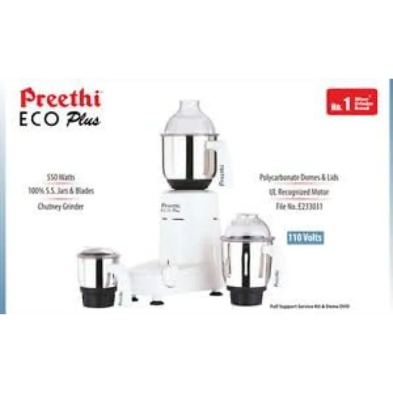 미국/캐나다용 Preethi Eco Plus 믹서 그라인더 110볼트, 흰색, 3병