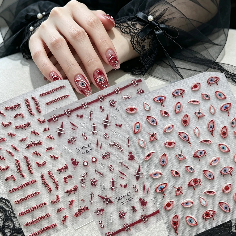 1pc 3D Embossed Horror Halloween Nail Stickers Bloody Eye, Suture Scar Design Self Adhesive Decals, Gothic Style Manicure Decors