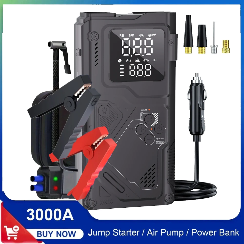 

3000A Car Jump Starter with Air Compressor 150PSI Auto Tire Inflator, Large LCD Display, LED Light, for Cars, Bike & Motorcycle