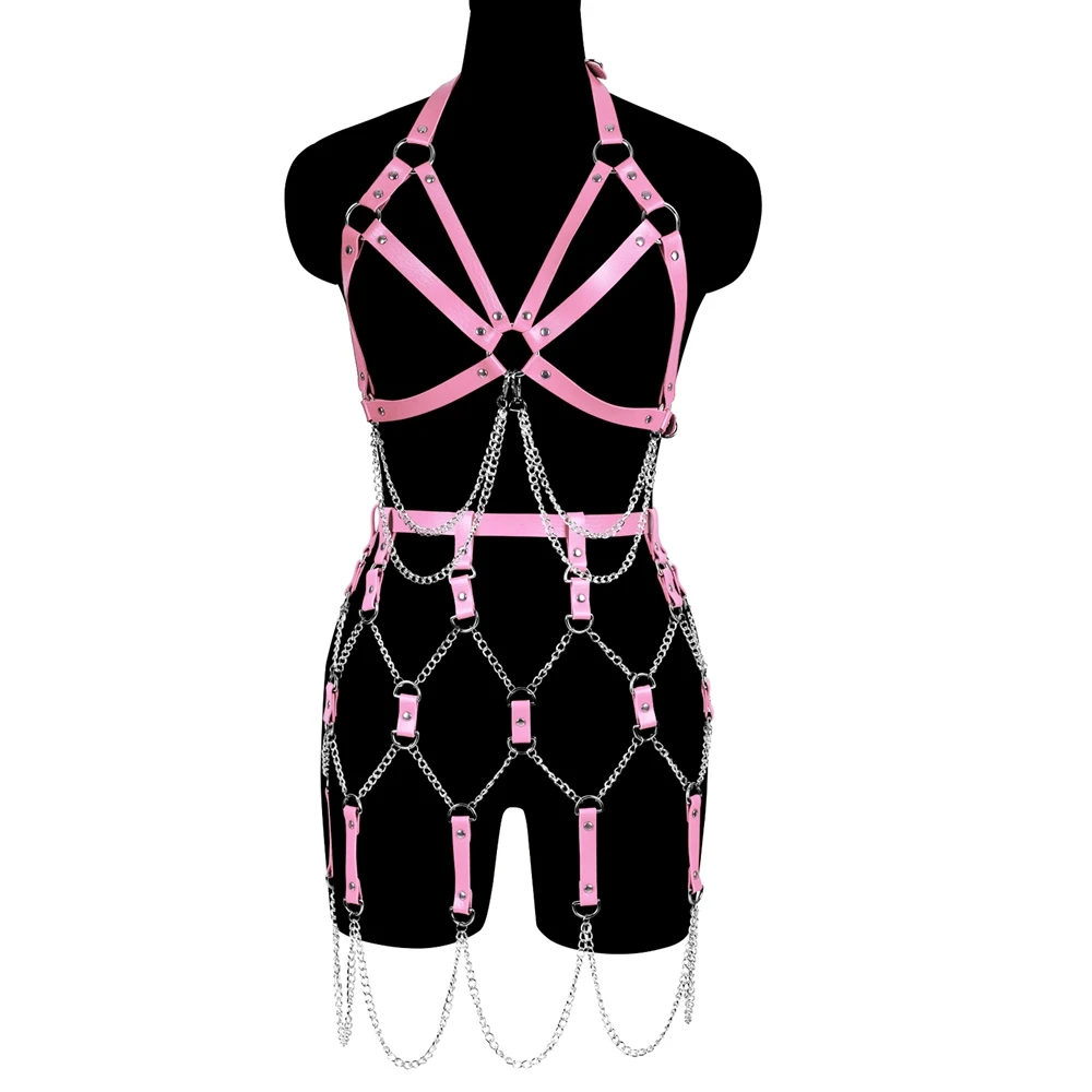 

Leather Clothing Adjustable Chain Top Harness Skirt Set Garter Belt Sexy Lingerie Body Harness Set Underwear For Women