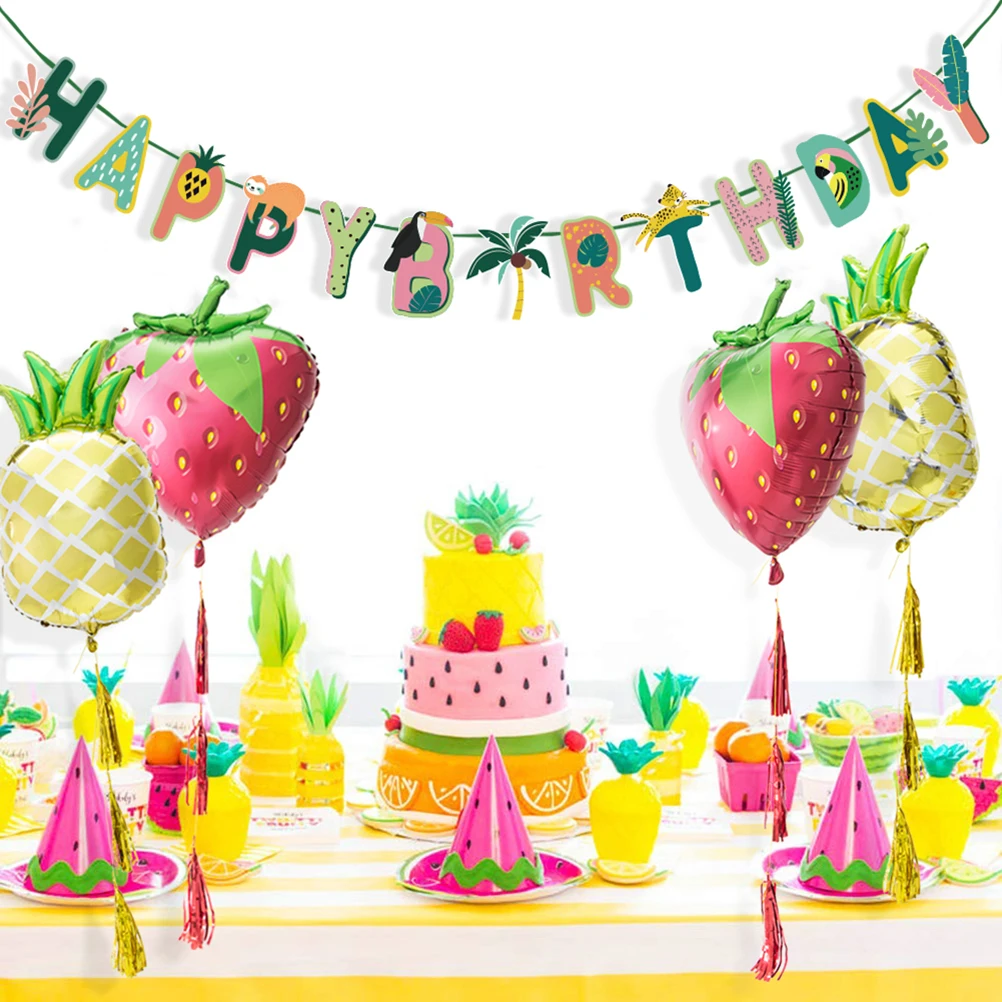 

Tropical Fruit Banner Birthday Party Bunting Pull Flag Happy Hanging The Summer