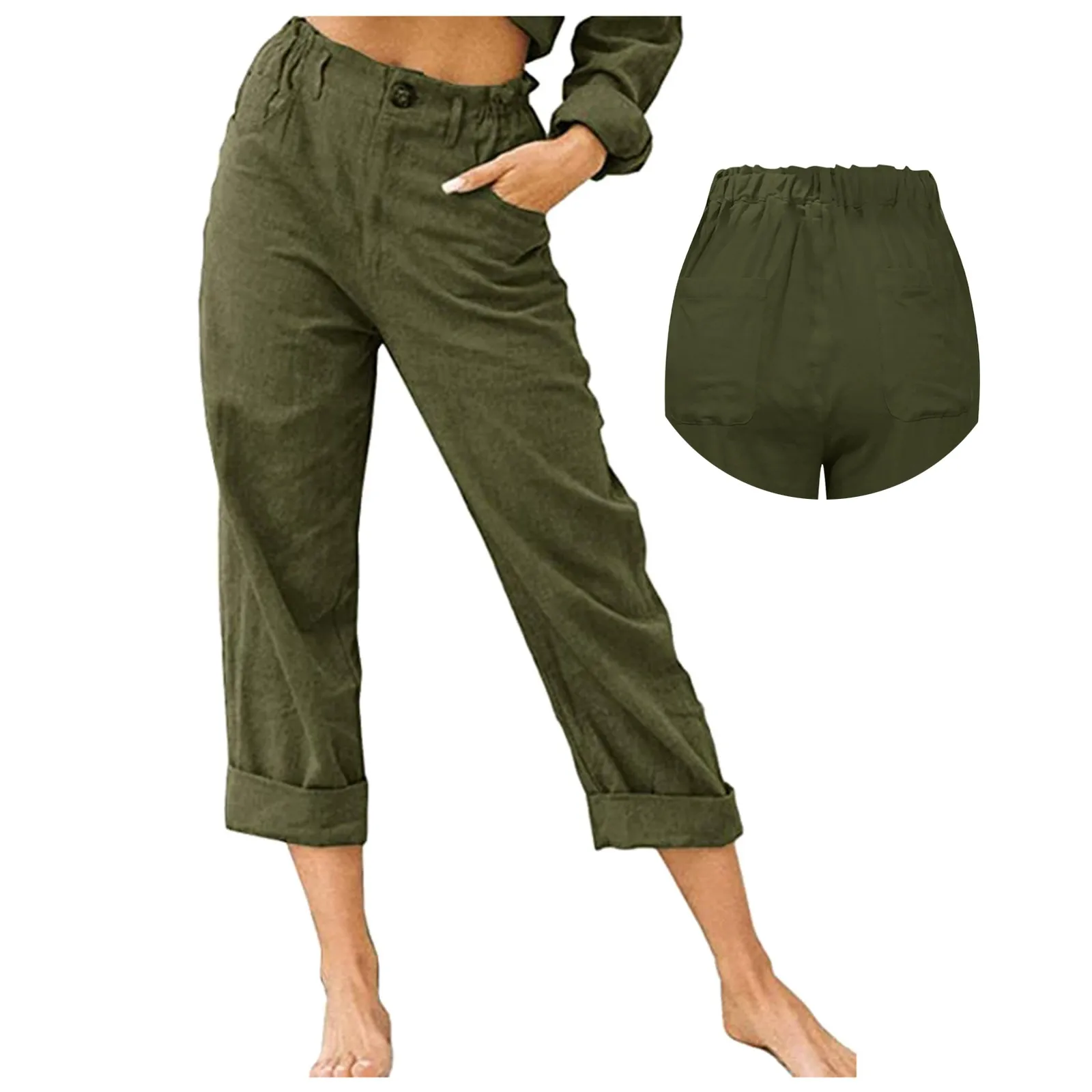 Pantalones de lino con cintura elástica para mujer, pantalón informal con bolsillo, básico, diario