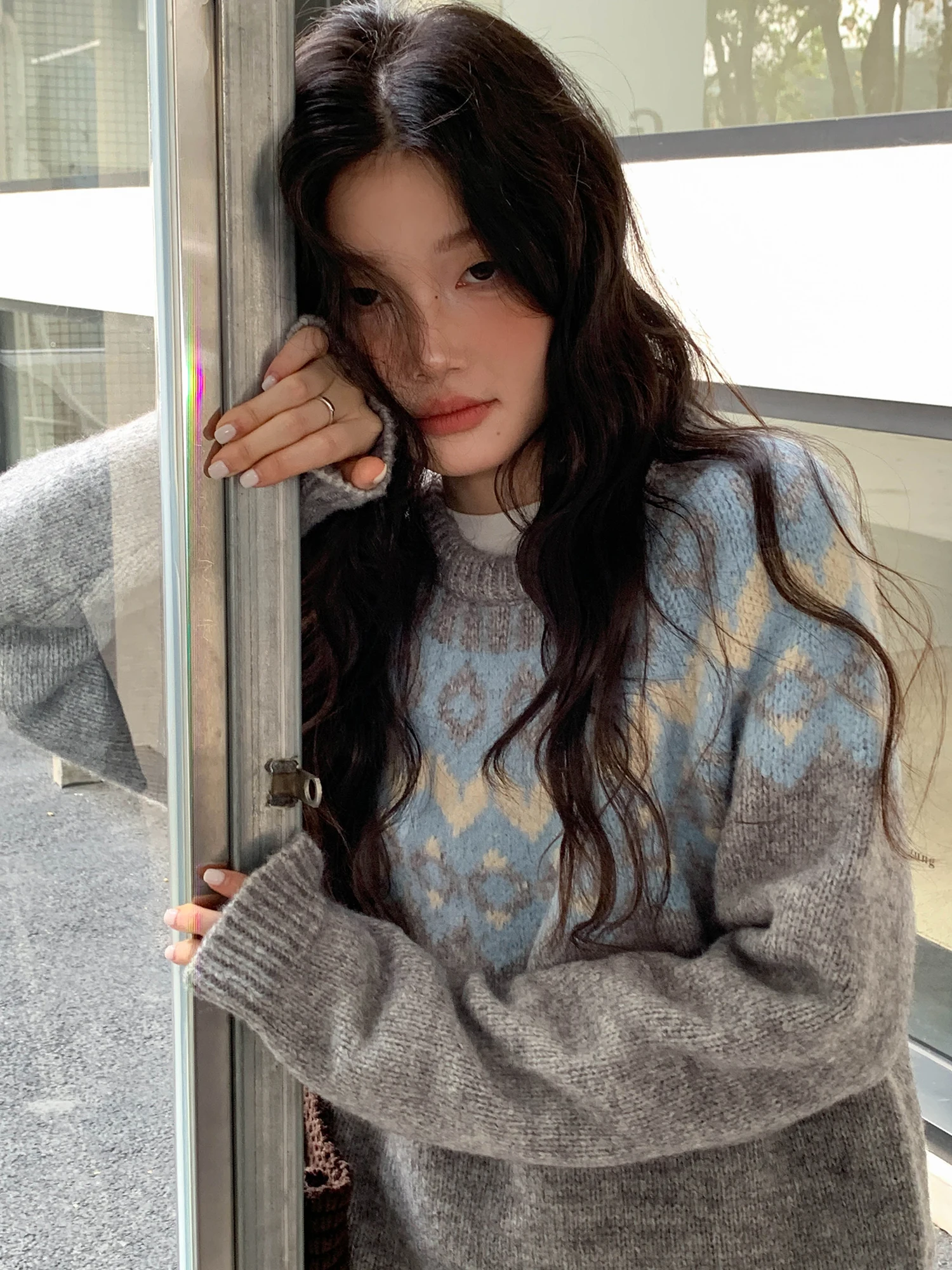 

ay round Ne Fair Isle Sweater Women Winter New Sle Lazy Faion Thi Top Mixd Brand Pure E-commerce Loose Fit Long Sve