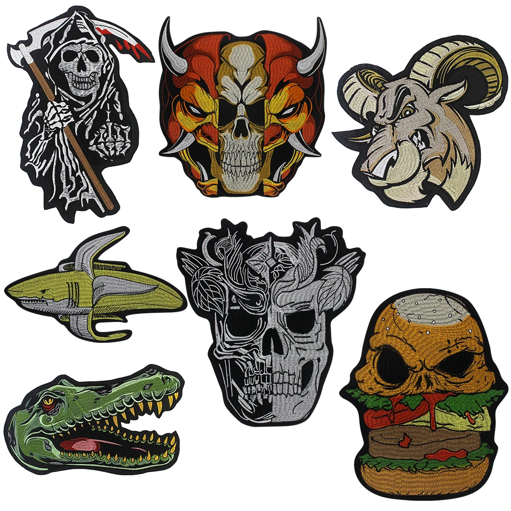 Cow OX Crocodile Embroidery Patches for Clothing Sharks Fish Stickers Hamberger Skull Badge Iron on Clothing DIY Punk Applique