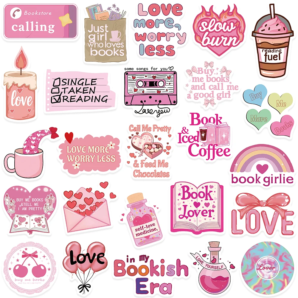 50pcs Cartoon Pink Girls Reading Book Lover Stickers For Laptop Luggage Water Bottle Scrapbook Phone Waterproof Vinyl Decals