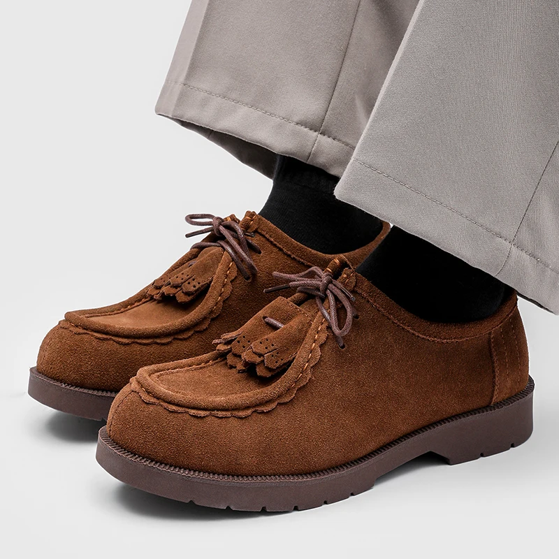 Men Casual Leather Shoes Suede Reverse Finish Brand Men Lace-up Thick-soled Durable Busines Casual Loafers Sizes 38-46 Men Shoes