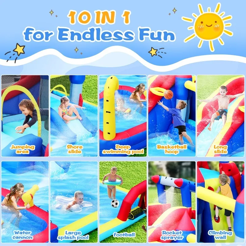 10-in-1 aufblasbare Rutsche Wasserpark Hüpfhaus Garten mit Spritzbecken & Wasserpistole & Basketball & Kletterwand & Doppelpools