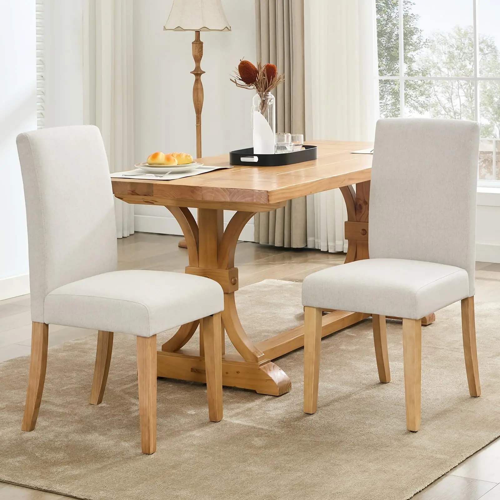 Dining Chairs Set of 2, Upholstered Linen Fabric, Rivets | with Curved Backrest & Nailhead Trim, Sturdy Wood Legs for Dining Room
