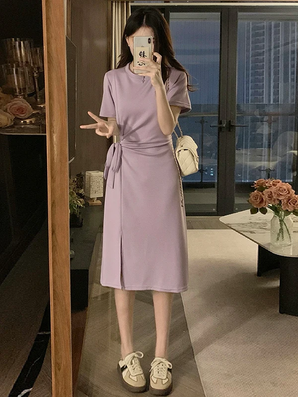 

Elegant plus Size Midi Dress with Belt Design Summer Fashionable Versatile Casual Breathable Short Sleeve round Neck A-Line S...