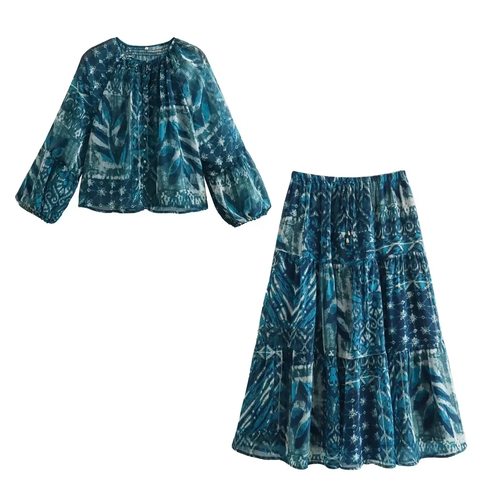 

Fashionable and casual sweet loose round neck single-breasted printed shirt temperament high waist drawstring skirt suit