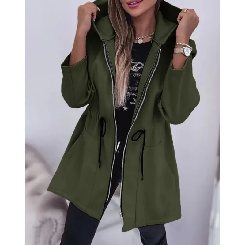

2026 Women's Fashion Casual Spring Autumn Hooded Zipper Jacket Mid-Length Jacket Clothing Coats Пальто Зимнее Женское Capispalla