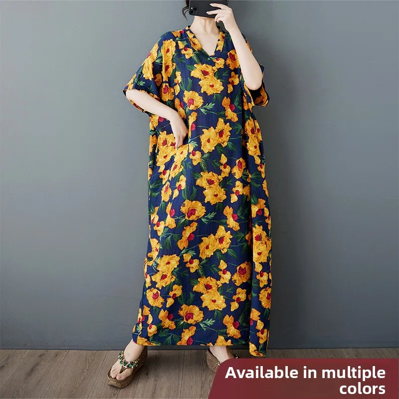 

Summer n Loose Mommy Dr V-Ne ort Sve Long Skirt for Middle-Aged And ly Casual Holiday Cotton Linen Blend