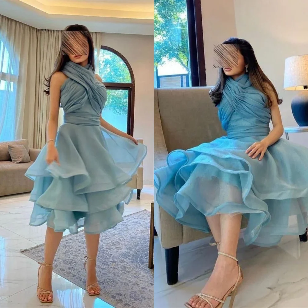 

Customized Fashion Blue Organza Evening Dress High Quality Halter Sleeveless Homecoming Dress Exquisite Bespoke Occasion Gowns
