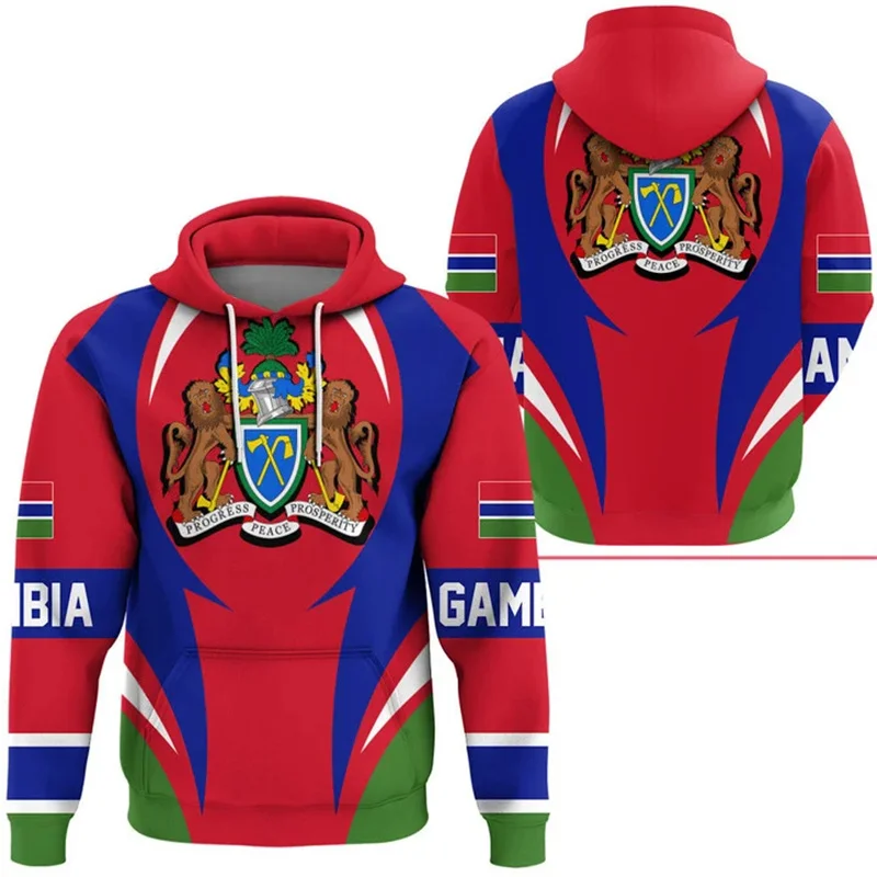 Fashion 3D The Republic-of The Gambia Flag Printing Hoodies Gambia Coat Of Arms Graphic Hooded Hoody Mens Clothing Pullovers Top