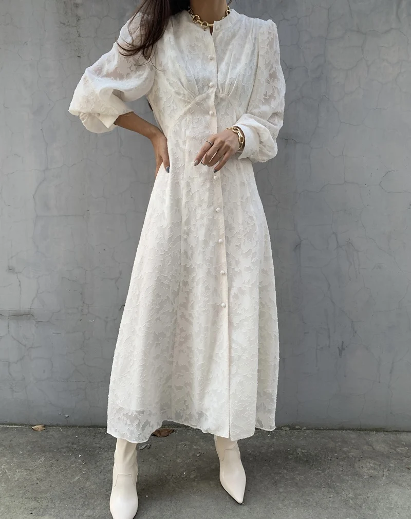 

Новое модное элегантное женское платье-рубашка в корейском стиле, бежевое, весеннее, с воротником-стойкой, рукавами-фонариками, для офиса, длинное