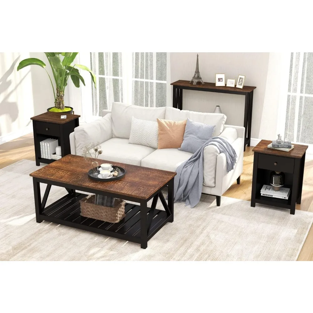 Mesa de café preta com Prateleira Sala, Mesa Rural Retro, 40 polegadas