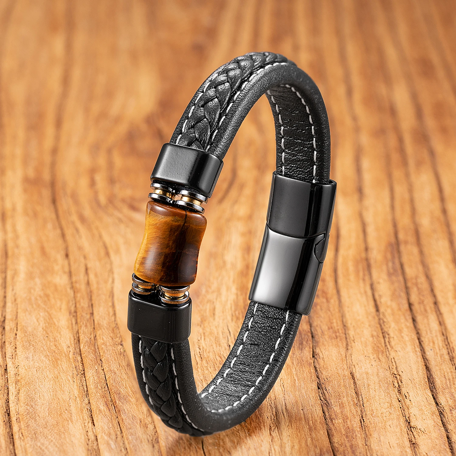 Vintage-Armband aus Achatstein, handgefertigt mit Lederband, einzigartiger Unisex-Boho-Schmuck für den täglichen Gebrauch. – Detail 3
