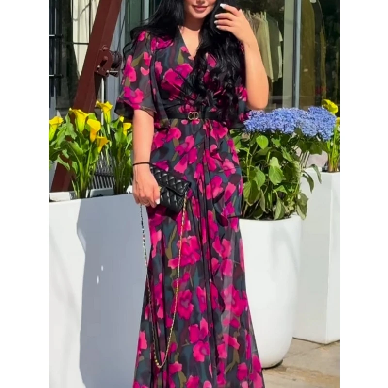 

Sexy Retro V-Ne ort Sve Long Dr Vibrant Women's Dr Cross-Border Summer New Arrival plus Size Silk Fabric Tourist