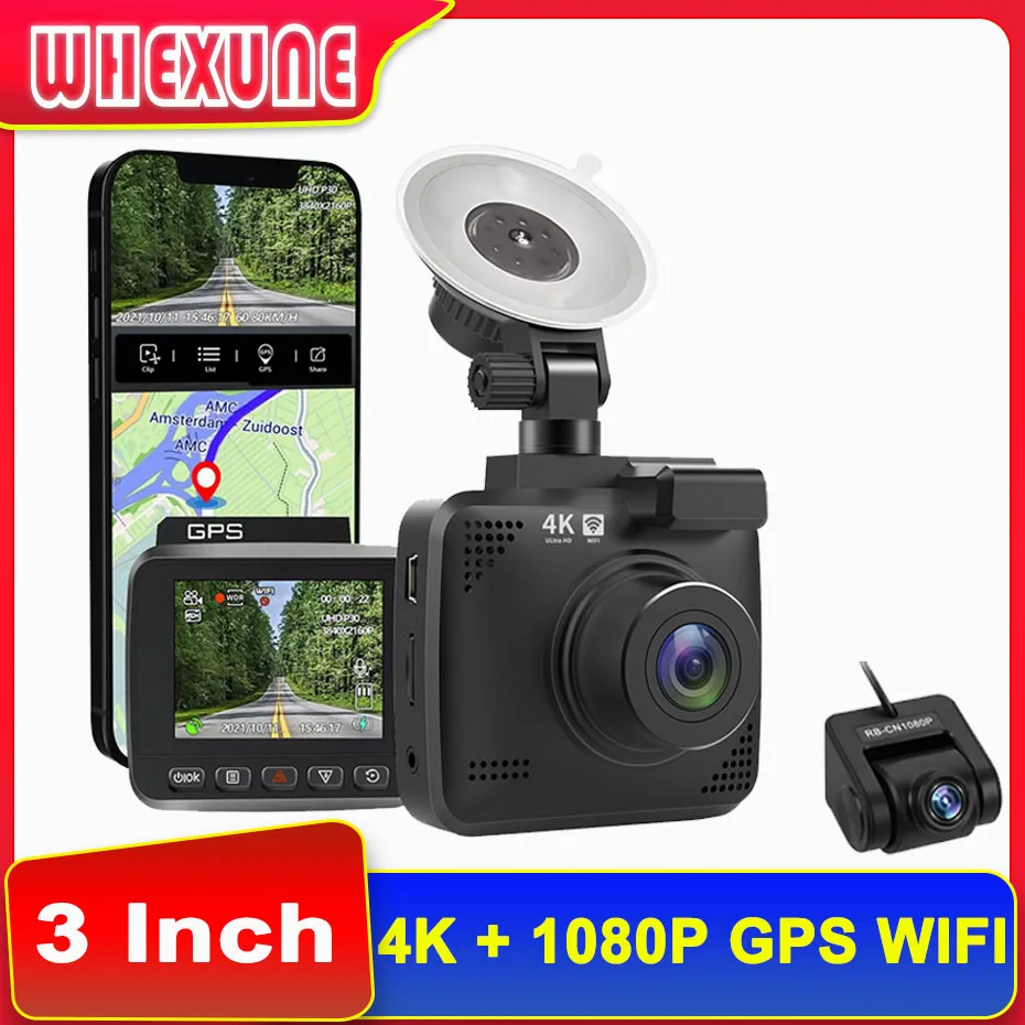 

4K 2160P Car DashCam DVR GPS Tracking Support Live Remote Monitoring Two Camera Novatek 96675 Video Recording 1080P WiFi Hotspot