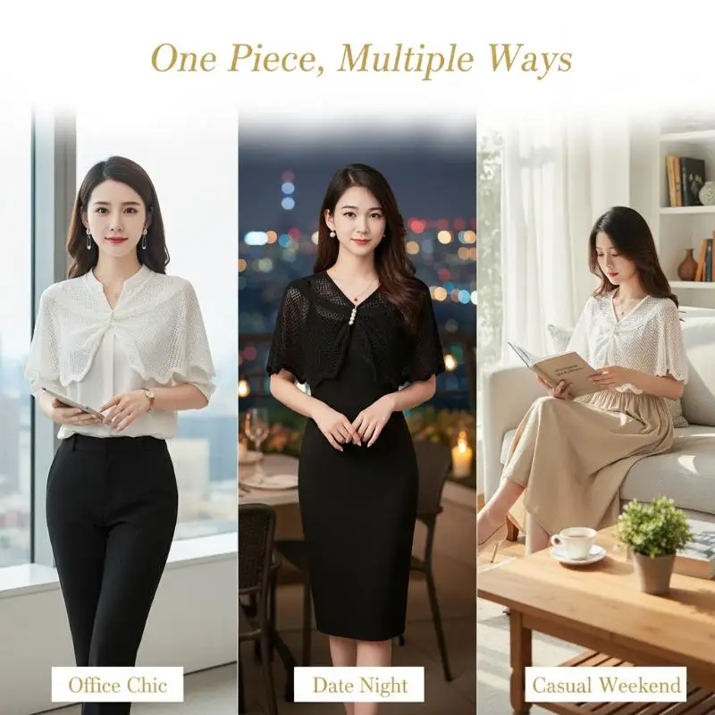 Fashion Knitted Shawl With Brooch Hollow Out Summer Air Conditioning Fake Collar Neck Cape Shoulder For Women