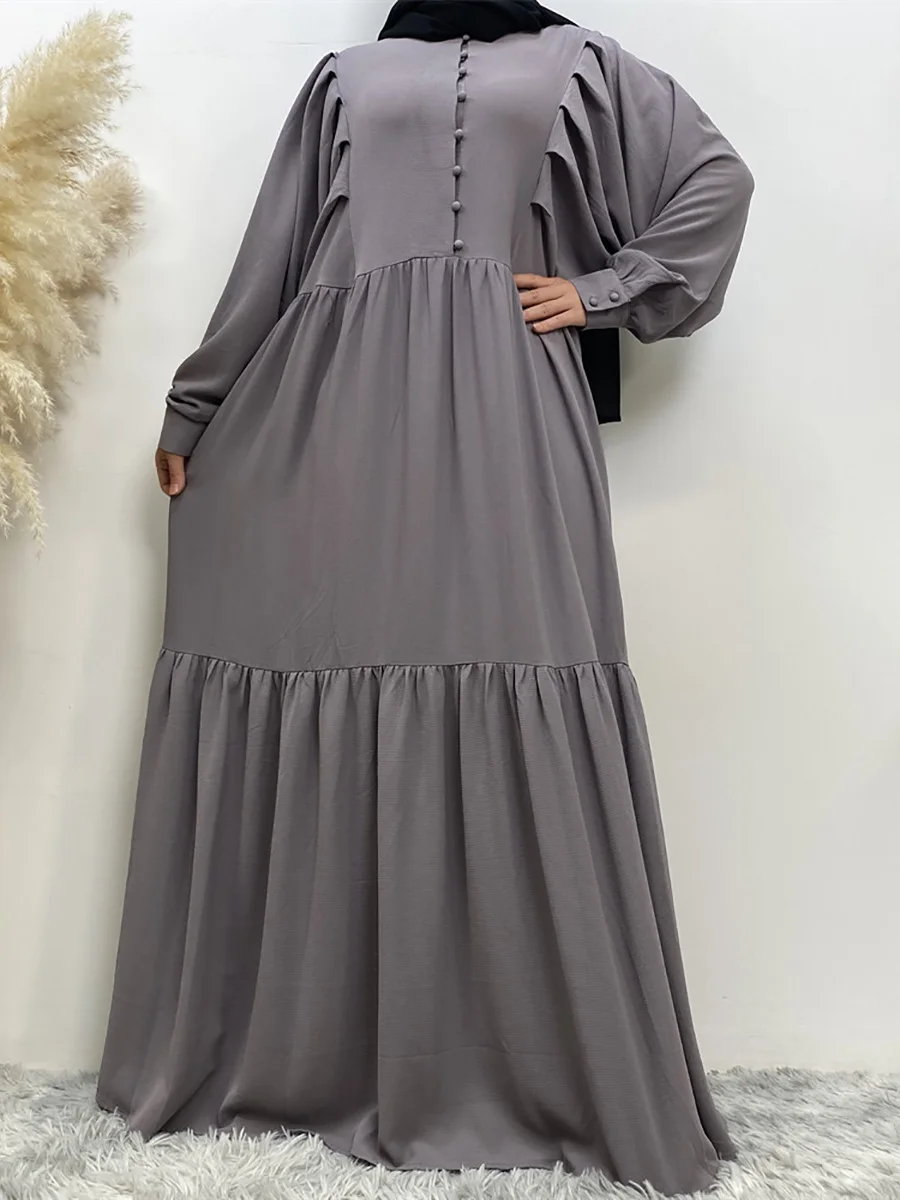 Muslim Middle Eastern Women\'s Abaya Loose Style Chiffon Long dress Solid Color Islamic Clothing Dubai Turkey Loose A-line button