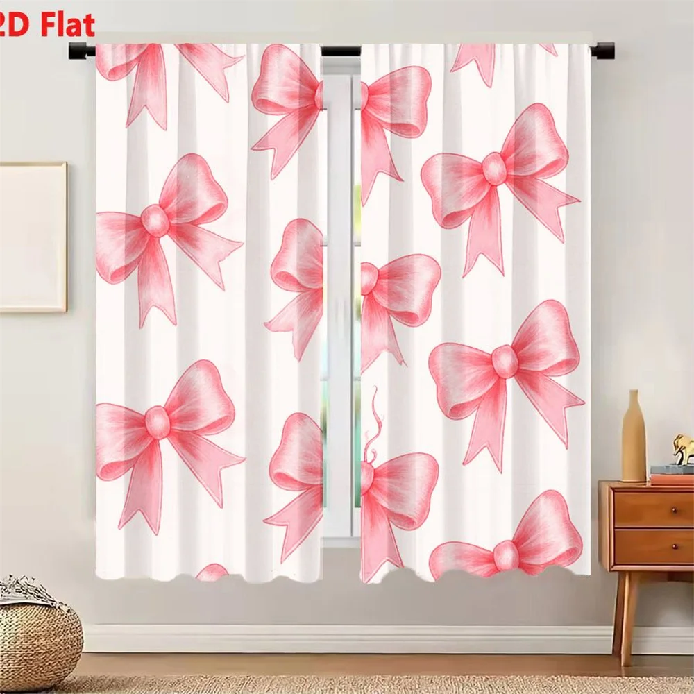2Pcs Curtains 2D Flat Light Off-White Background With Pastel Pink Bows Pattern Whimsical Decorative Fabric Wallpaper Design For