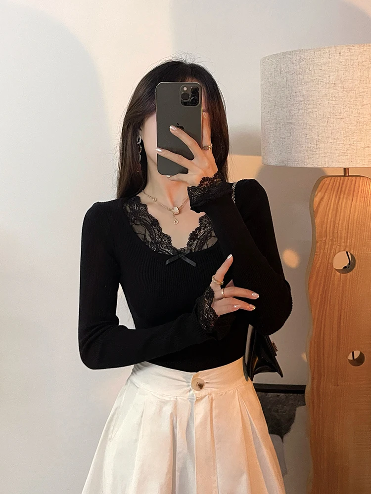 

Черный кружевной вязаный облегающий базовый свитер-топ для женщин: модный, с длинными рукавами, из смесового хлопка, с эффектом премиум-класса