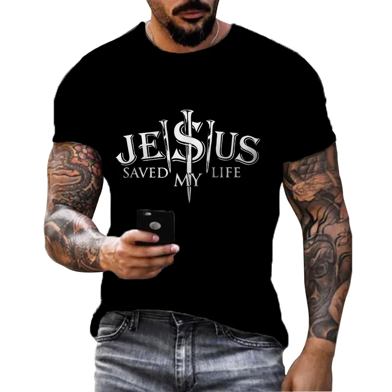 Vintage Men\'s T-shirt Jesus Christ Cross T-shirts Man Summer Streetwears Men Oversized T Shirts Hip-hop Casual Clothes Tops Tee