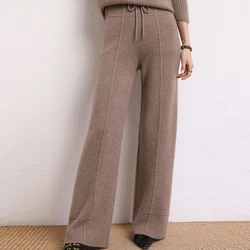 2024 Winter Women Wide Leg Pants 100% Cashmere Knitting Pants  Autumn Soft Warm Trousers For Female