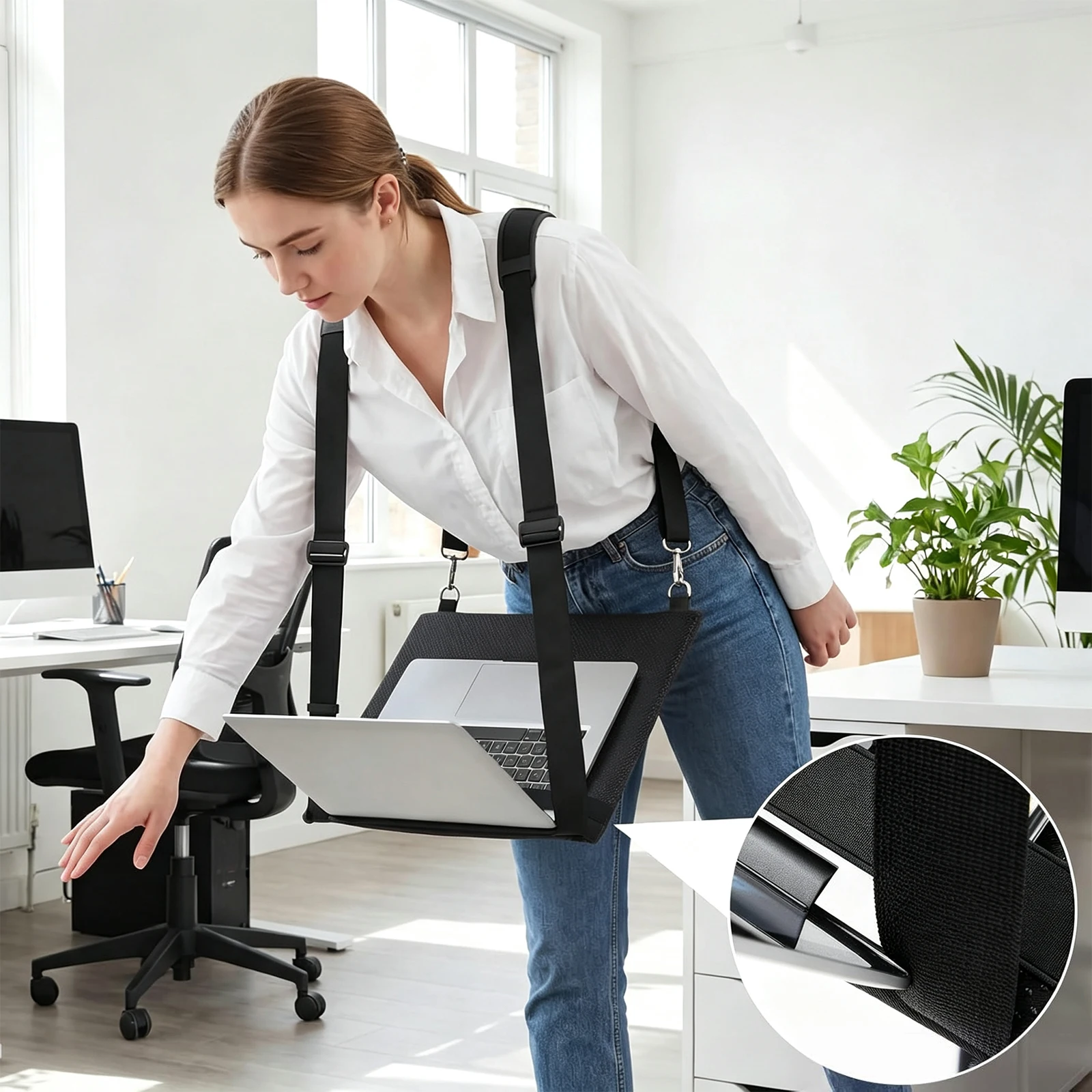 Hands-Free Walking Laptop Stand Ergonomic Cross-Body Harness Adjustable Shoulder Strap Oxford Cloth Tray 16 Inch