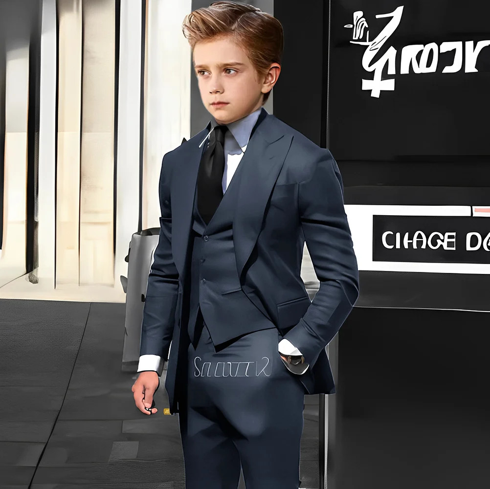 Navy Blue Suit for Boys Formal Jacket Pants Vest 3-Piece Set Party Wedding Tuxedo Kids Custom Outfit 2-16 Years Old