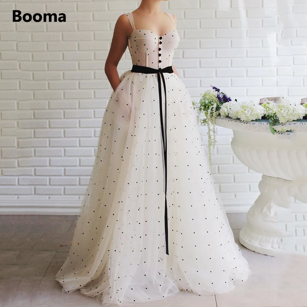 Simple Polka Dots Tulle Prom Dresses Sweetheart Spaghetti Straps A-Line Party Dress Buttoned Corset Illusion Long Evening Dress