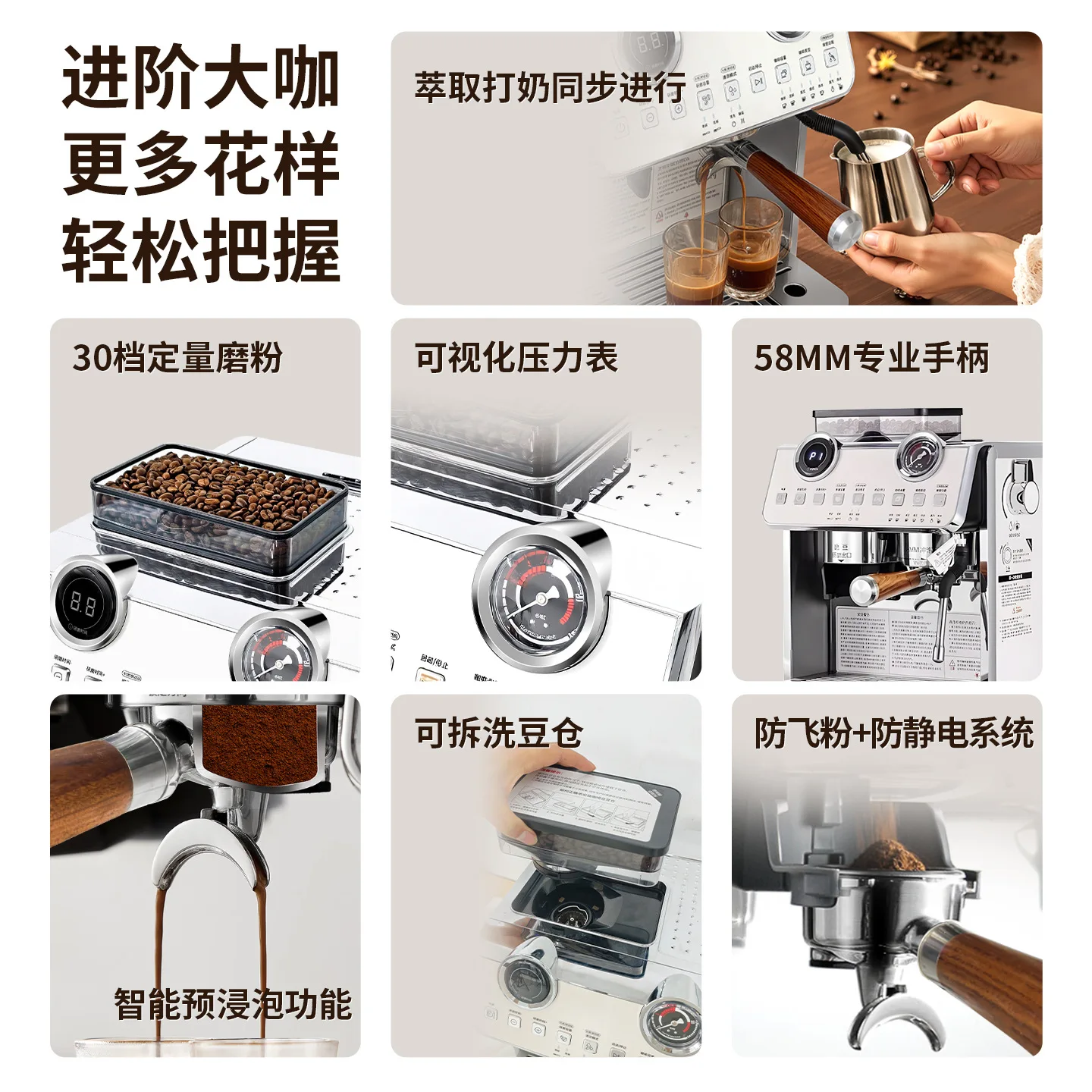 Coffee machine grinding integrated household semi-automatic commercial small double pump Italian steam milk coffee grinder