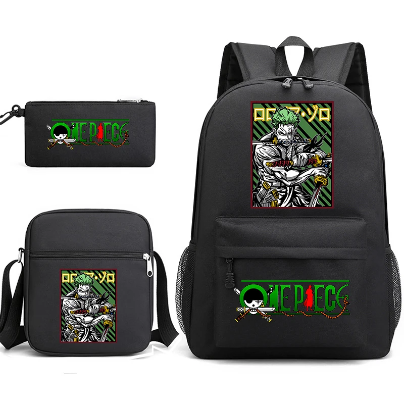 One Piece Zoro Grafik-Rucksack-Set, Schultasche für Kinder und Jugendliche mit Umhängetasche und Federmäppchen