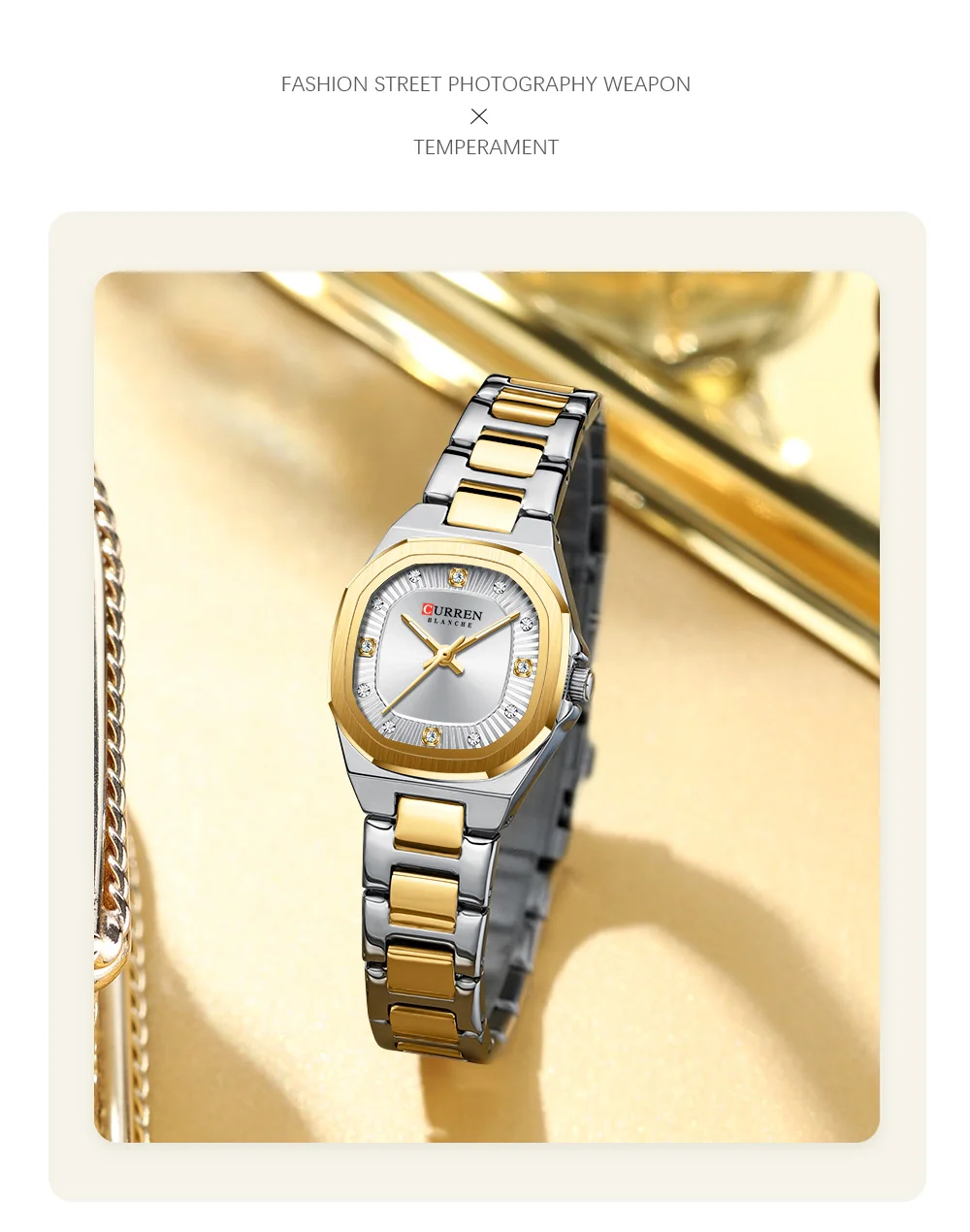 CURREN Gold Damenuhr mit Diamantakzenten, stilvollem Edelstahlband, elegantes Design, wird mit kostenloser Box geliefert – Detail 17