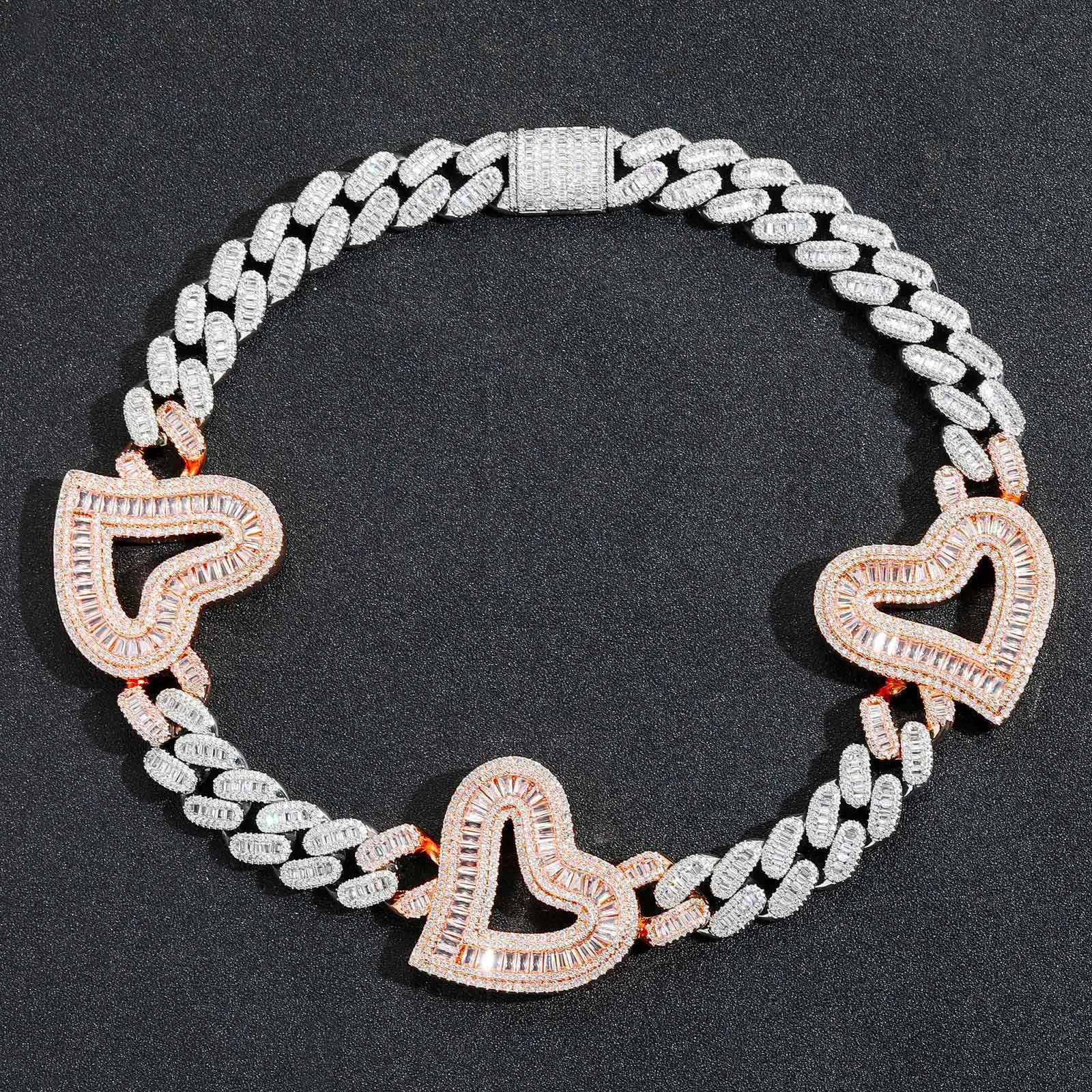 

Big Hollow Heart With 16mm Iced Out Cuban Chain Baguette Cubic Zirconia Necklace CZ Choker Fashion HipHop Jewelry For Gift