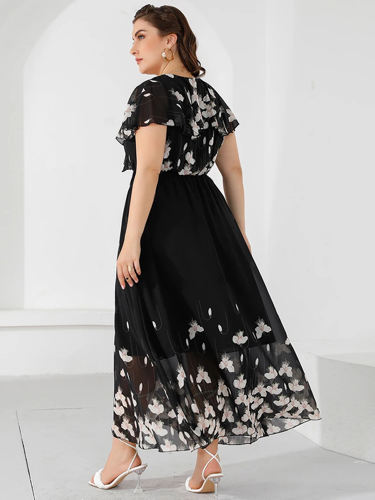 2023 Women Dress Short Sleeve Summer Woman Black Long Dresses Floral Dress Party Elegant Maxi Dress Plus Size Evening Dresses