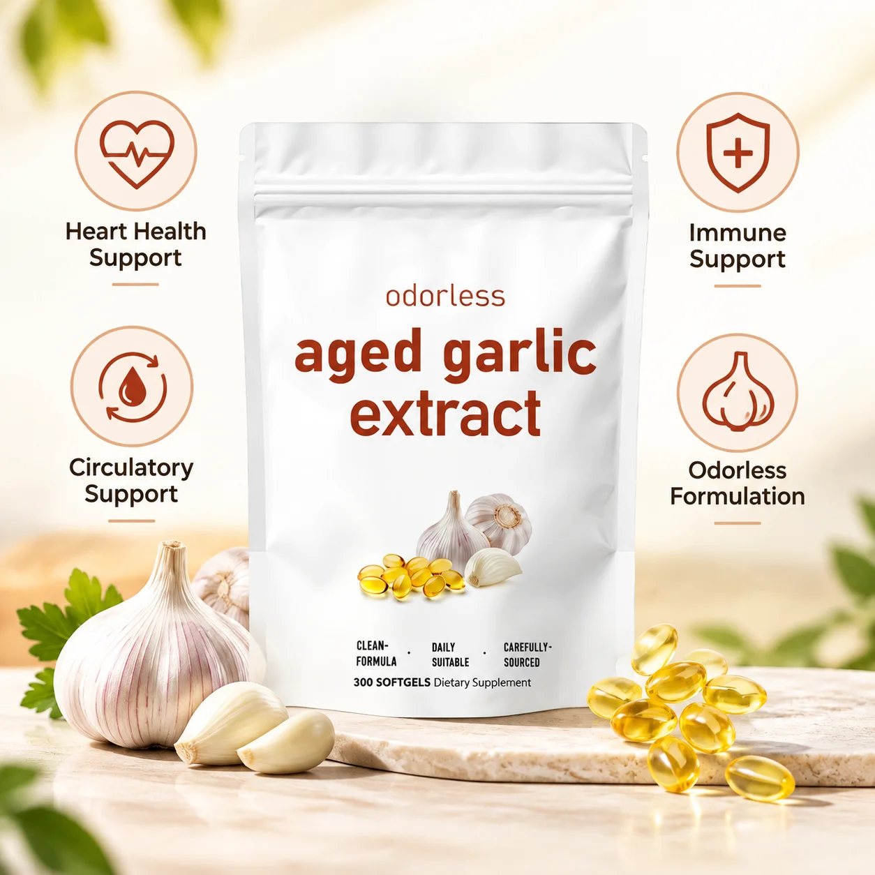 Odorless Aged Garlic Extract Softgels for Heart, Circulatory & Immune Support with 15:1 Extract, 7500mg Equivalent, 300 Softgels