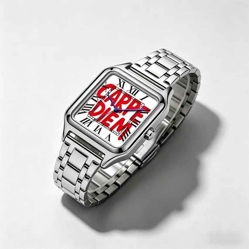 Ladies' Men Square Luxury Watch, Slogan Text on the Large Dial, 30-Meter Water Resistance, Elegant Design, Stainless Steel Strap