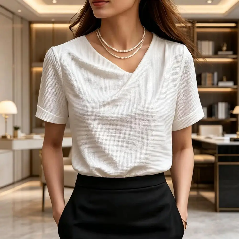 

Office Wear Blouse Women Tops Slim Fit Short Sleeve V-Neck Pure Color Soft Fabric Summer Shirt Daily Wear