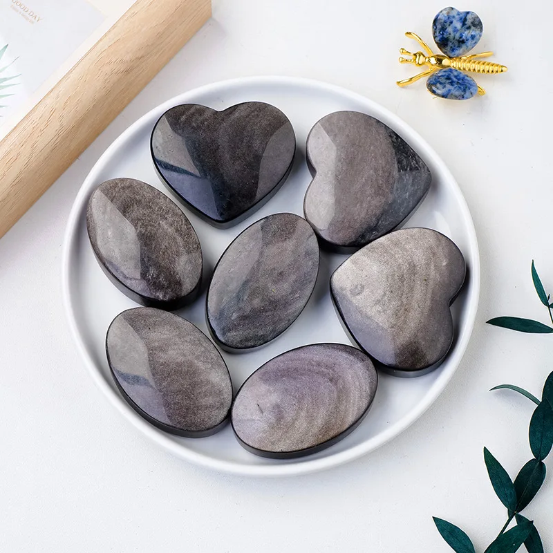 

Silver Obsidian Gold Sheen Palm Stone Heart Natural Crystal Real Gemstone For FengShui Healing Meditation Home Decor Halloween