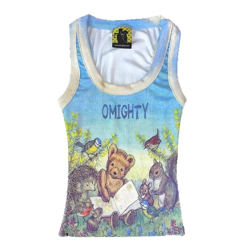 Y2K Teddy Bear Digital Print Vest Suspenders Purity Slim Fit Street for Women