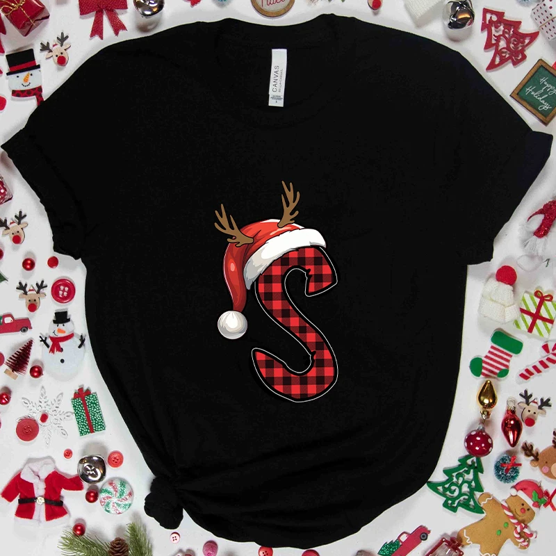 

Женская рождественская футболка с буквенным принтом алфавита A-Z, повседневная праздничная футболка с рисунком, топы Y2k для рождественской вечеринки Санта-Клауса для женской одежды