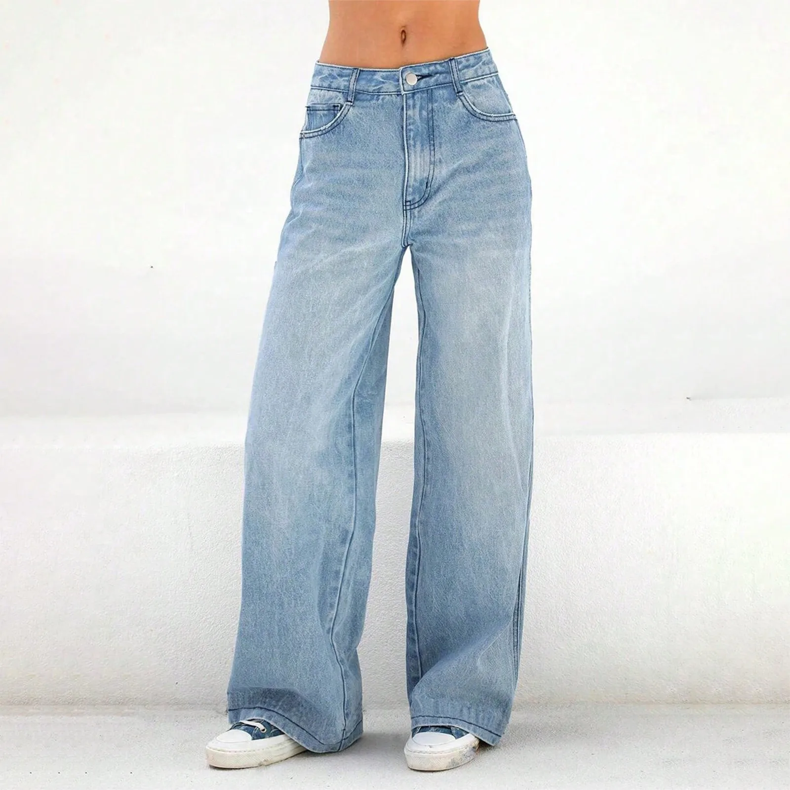 

Female Classic Casual Fashion Denim Trousers Simple Style Commuted Versatile Wide Leg Straight Jeans