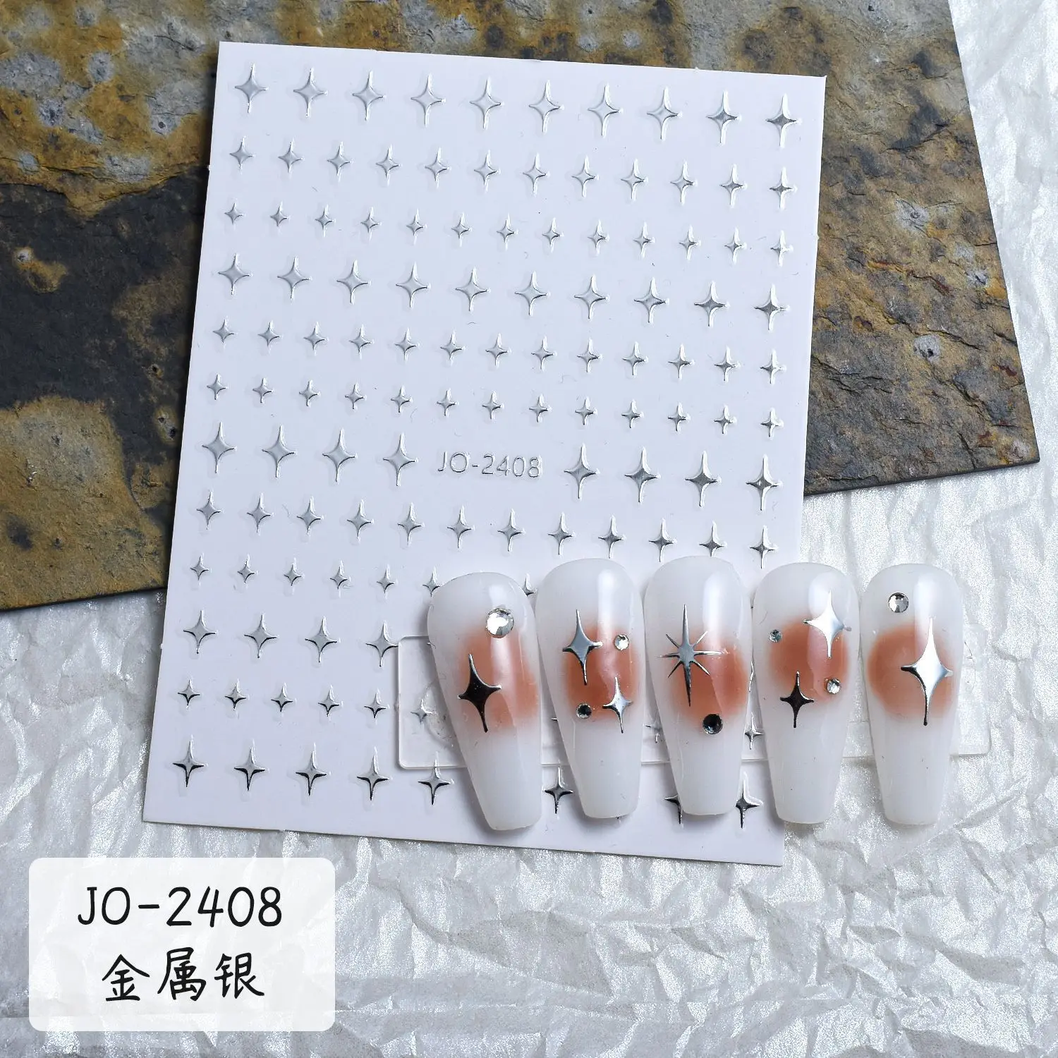 6Pcs/set 3D Silver Metal Mirror Star Nail Art Sticker Y2K Heart Star Moon Adhesive Decal French Stripe Line Star Manicure Slider