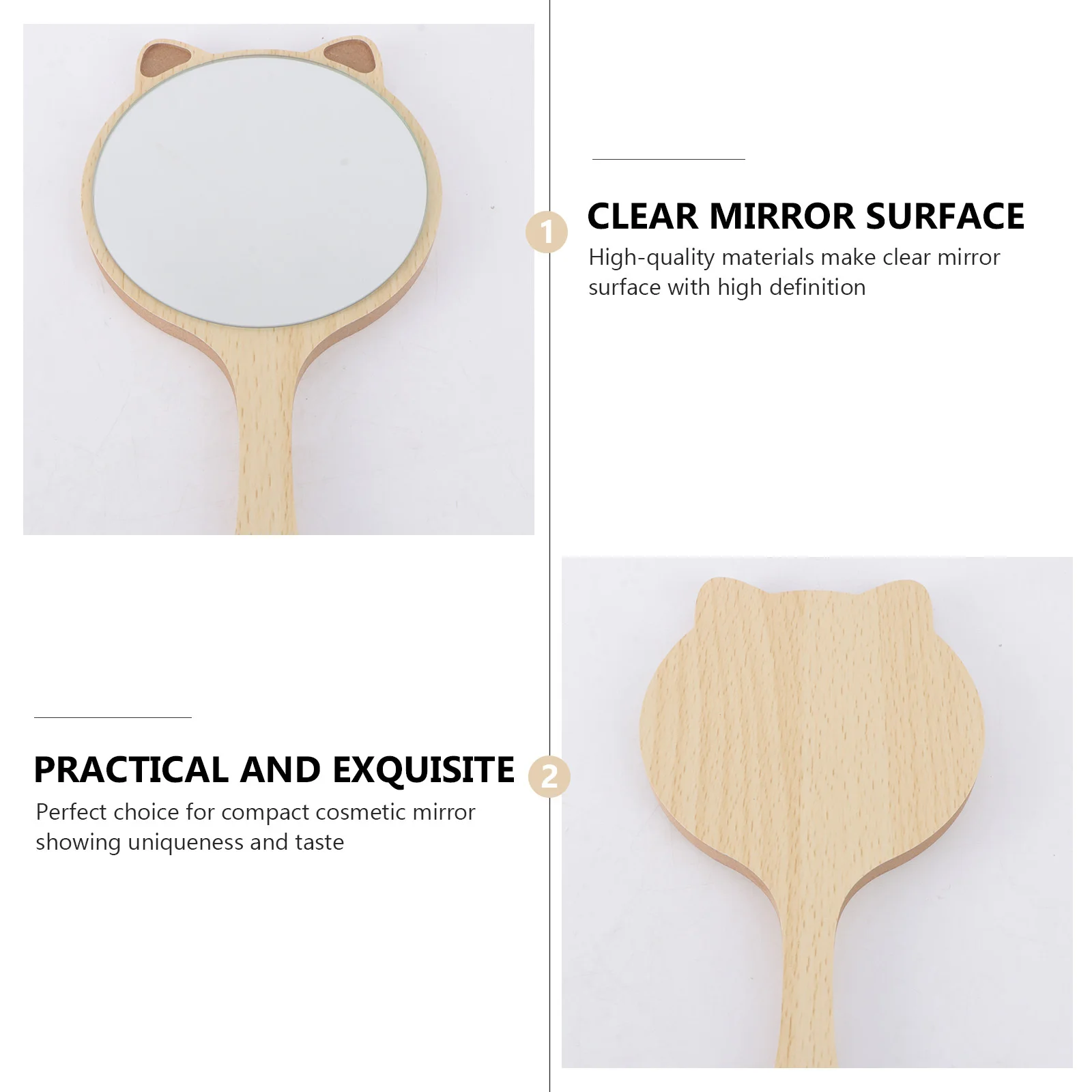 Wooden Cat Ear Compact Handheld Makeup Mirror Portable Travel Mirror for Women Teens Makeup Tool