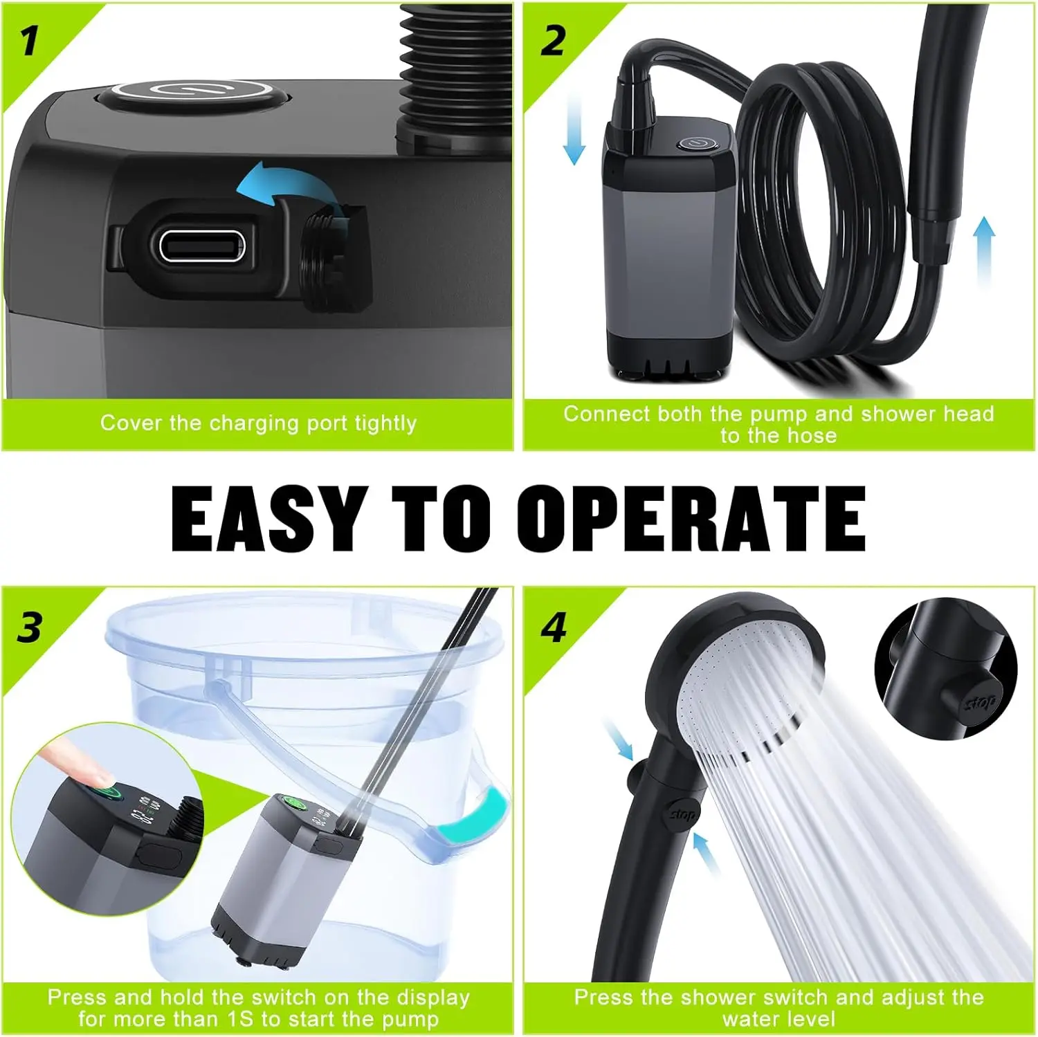 ฝักบัวพกพาแบบชาร์จไฟได้ พร้อมจอ LED, 4 โหมดการฉีด, กันน้ำระดับ IPX7 สำหรับการเดินทางกลางแจ้งและอาบน้ำสัตว์เลี้ยง