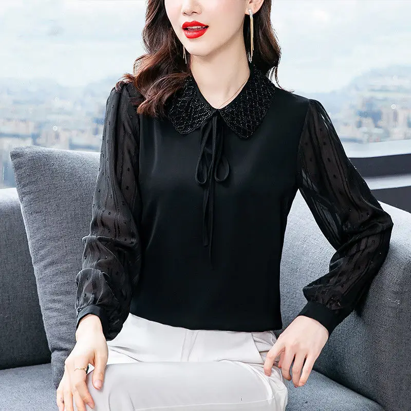 Women Bow Lace Up Beaded Chic Elegant Blouse Office Lady Fashion Black Chiffon Shirts Long Sleeve Tops 2024 Spring Summer Blusas