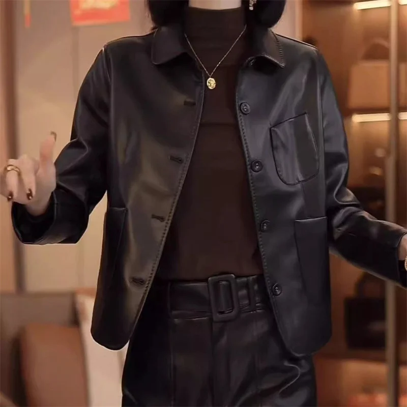 Preto marrom jaqueta de couro feminino 2025 primavera outono novo polo pescoço moda único breasted solto bolso outwear casaco de couro