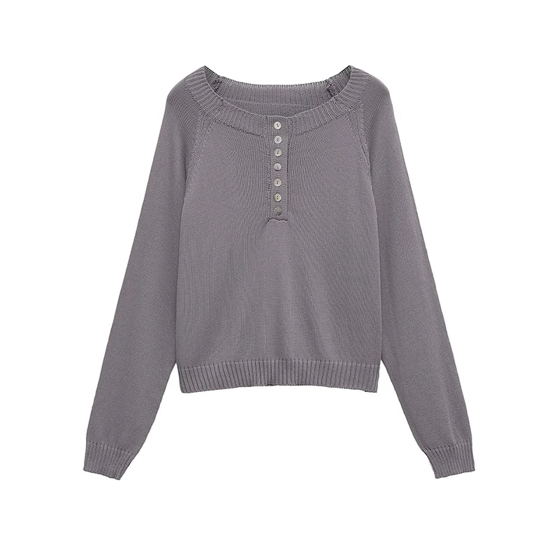 

YENKYE Casual Women Round Neck Long Sleeve Gray Knit Sweater Short Autumn Pullover Tops